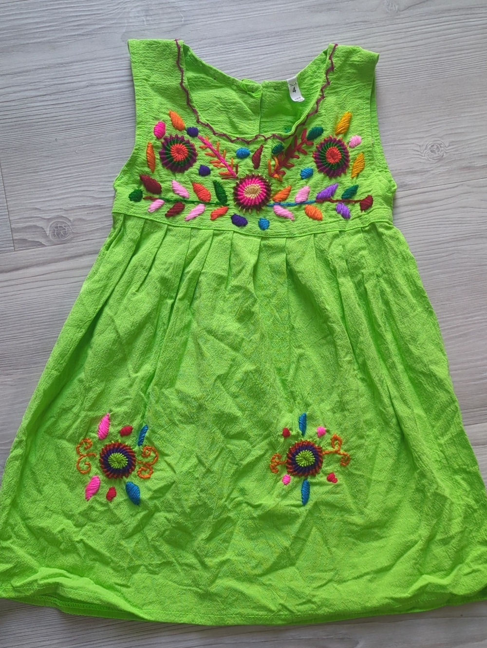 Girls Guatemalan Embroidered Floral Dress Size 4 Lime Green Handmade Style Fiest